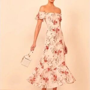 Reformation Women's Size 4 Cream Ivory Red Floral Midi Trumpet Skirt Long Dress